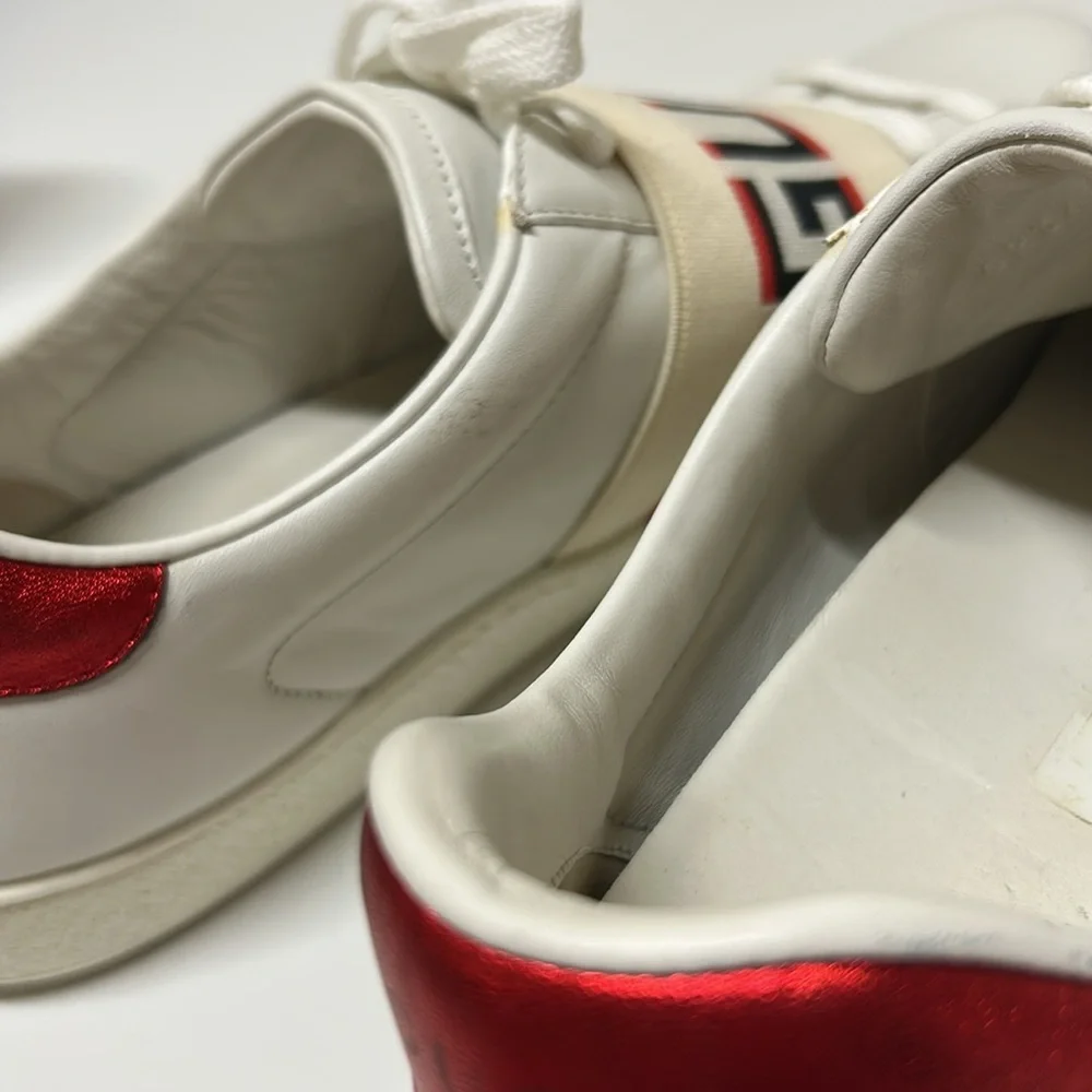 GUCCI Calfskin Stripe Men’s New Ace Sneakers New Mystic White Ecru Red Flame
